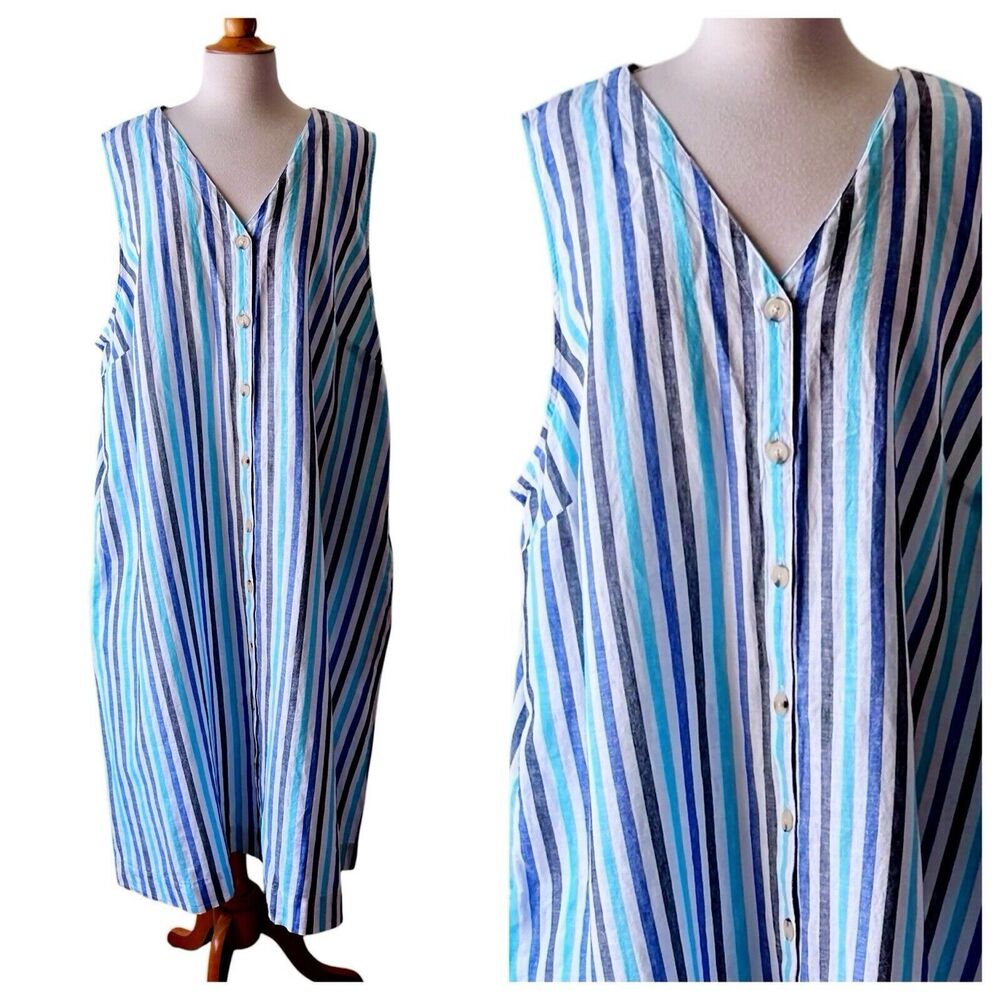 NWT Liz Claiborne Striped Blue White Linen Cotton Sleeveless Dress - Picture 2 of 9